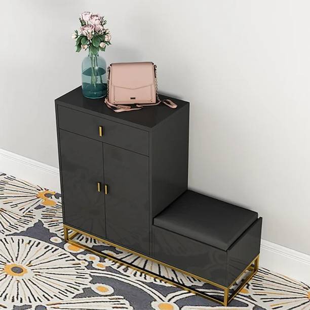 Kd Kohinoor Décor Modern Black Upholstered Shoe with Rack Flip Top Stool Engineered Wood, Leatherette Shoe Rack