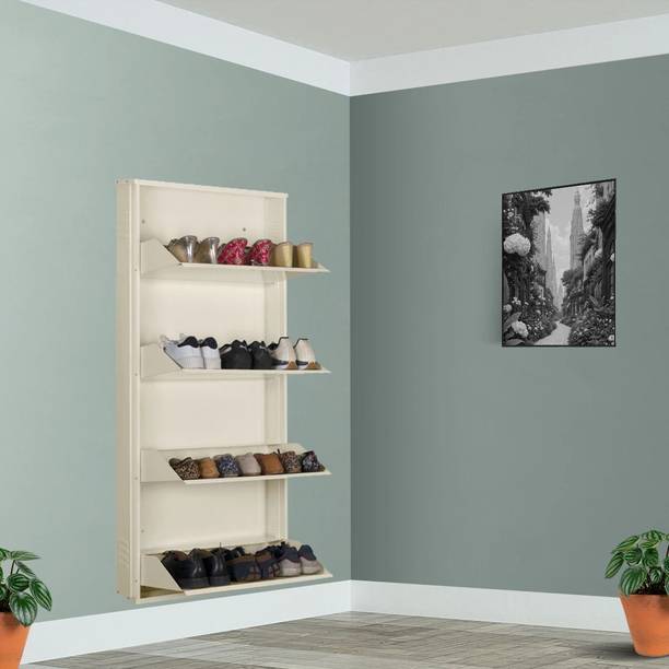 Delite Kom 24 Inch Wide, 4 Shelf | Store 12 Shoe/20 Slipper | Lockable, Wall Mount Metal Shoe Rack