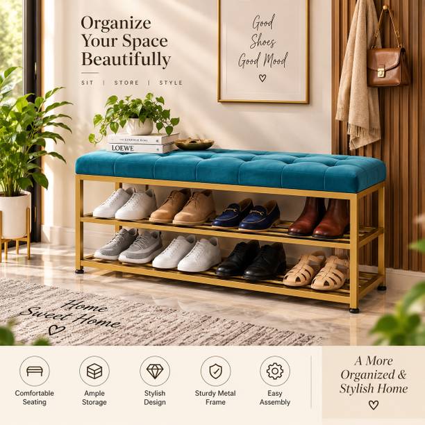 Worldcollection Blue Shoe Rack uniq Cushioned Seat | Multipurpose Bench Metal Shoe Rack