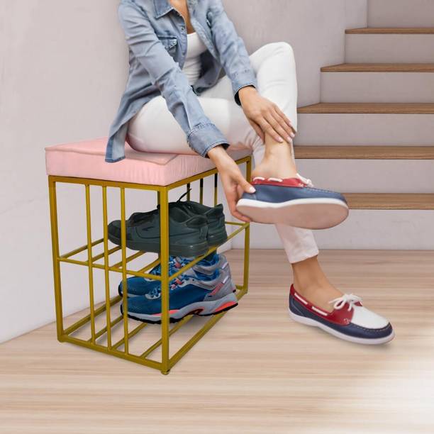 FlipsShoppee 2-Tier Shoe Rack with Padded Velvet Seat Stylish Ottoman Shoe Bench Metal Shoe Rack