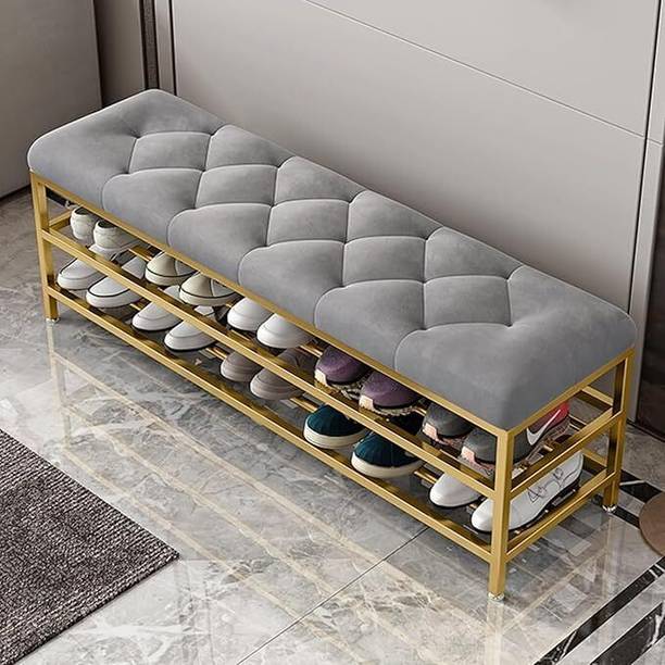 WellHouze 2-Tier Metal Shoe Rack Bench With Cushion Seat And Golden Iron Frame Metal Shoe Rack