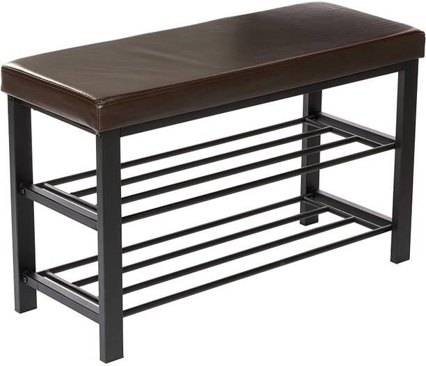 Indian Decor XL48318 49x81x32 cm Open Shoe Shelf, Padded Seat with Faux Leather,Brown Cushion Metal Shoe Rack