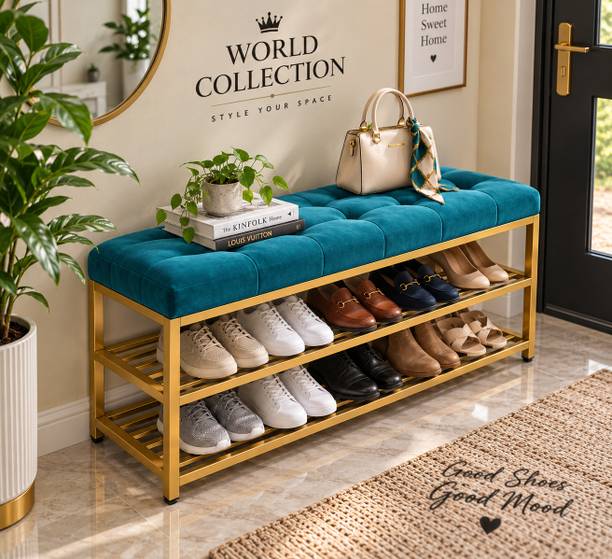 Worldcollection Shoe Rack with Comfortable Cushion Seat & 3 Tier Storage Metal Shoe Rack