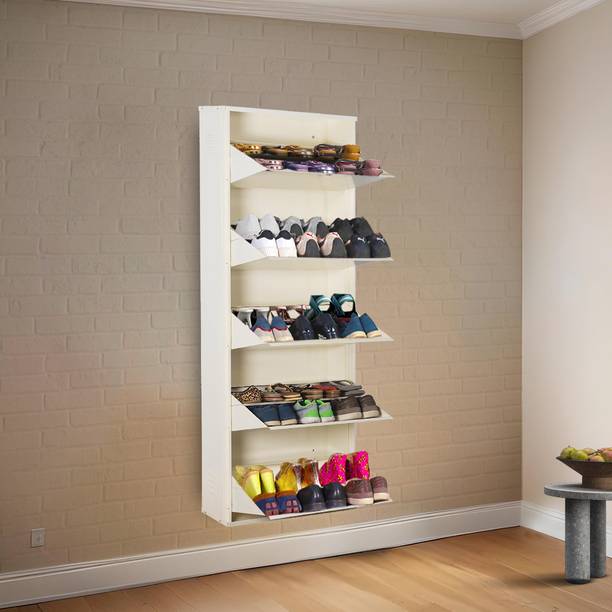 Delite Kom 24 Inches wide Jumbo Five Door Double Decker Powder Coated Wall Mounted Metallic Ivory Metal Shoe Rack