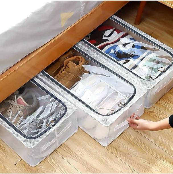 MIT Shoe Storage Box Under Bed, Clear Stackable Space Saving Sneaker Shoe Rack Plastic Collapsible Shoe Stand