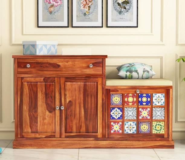 KATARIA ARTS AND CRAFTS Sheesham Solid Wood Boho 15 Pair Modern Wooden Shoe Rack with Seat Solid Wood Shoe Rack