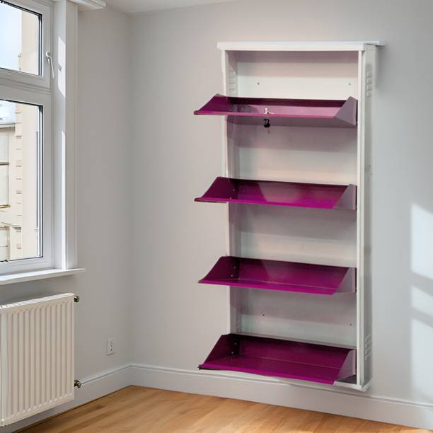 Delite Kom 24 Inch Wide, 4 Shelf | Store 12 Shoe/20 Slipper | Lockable, Wall Mount Metal Shoe Rack