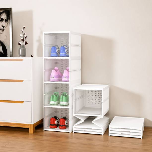 Eimear enterprise 4 Layer Foldable Closed Shoe Rack for Home | Collapsible Shoe Rack Storage Acrylic Collapsible Wardrobe