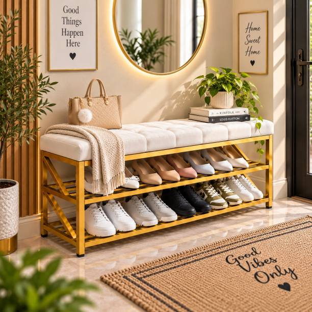 Worldcollection Premium Shoe Rack Bench with Cushioned Seat 3 Tier Home Storage Organizer Metal Shoe Rack
