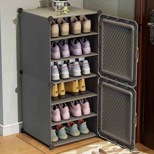 Owme Plastic 2-Door Collapsible Shoe Rack, Plastic Free Stand Cubort Shoe Rack Plastic, Metal Collapsible Shoe Stand