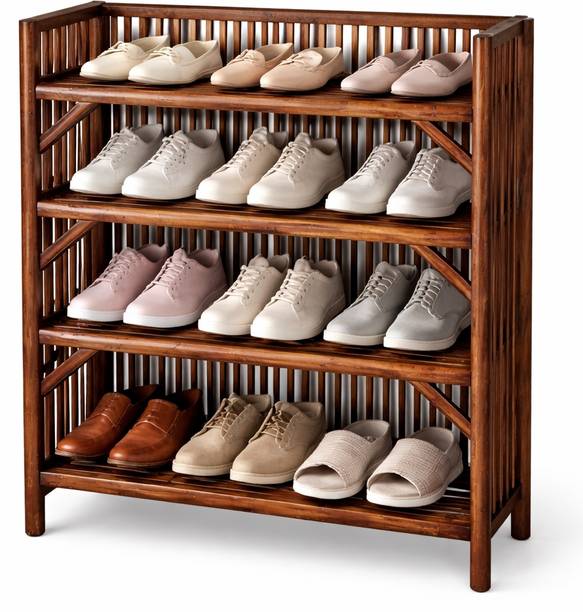 AMEERA 4 Tier Wooden Shoe Rack | Solid Wood Storage Shelf Organizer Bamboo, Cane, Engineered Wood, Solid Wood Collapsible Shoe Stand