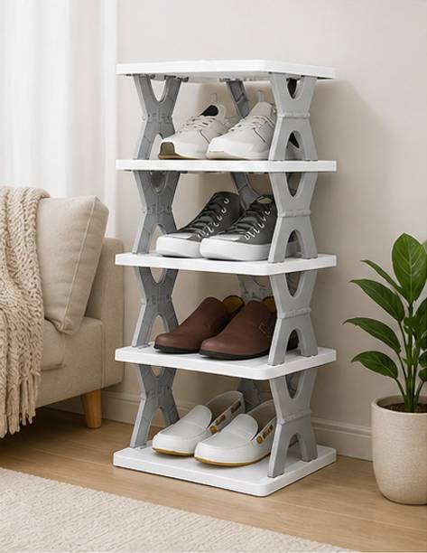 SATEnterprise Collapsible 5 Tier Shoe Rack Adjustable Storage Stand for Home Use Plastic Collapsible Shoe Stand