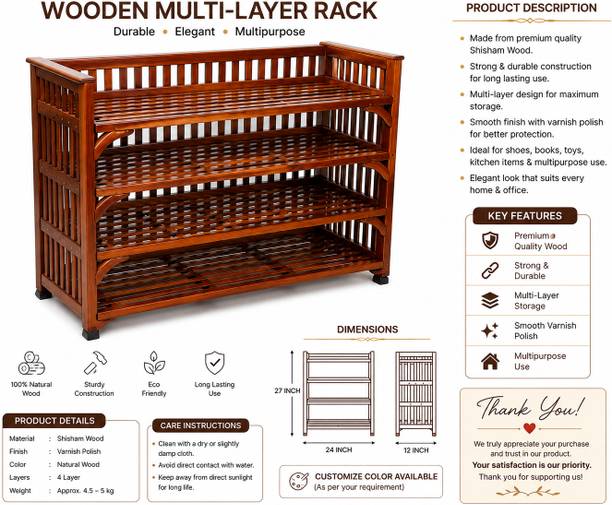 QUEES Wooden 4 Tier Multi Layer Storage Rack |Wood Shoe Rack & Multipurpose for Home Bamboo, Cane, Engineered Wood, Solid Wood Shoe Rack
