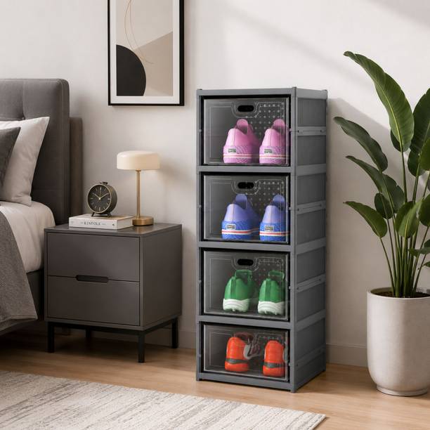 Eimear enterprise 4 Layer Foldable Shoe Rack Storage Box | Transparent Door | Matte Black Plastic Collapsible Shoe Stand