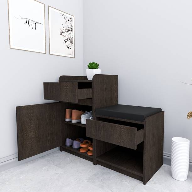 SamT Shoe Rack Combo with Cushion Seat (1 Door & Drawer, 10 Pair, Dark Walnut Engineered Wood Shoe Rack
