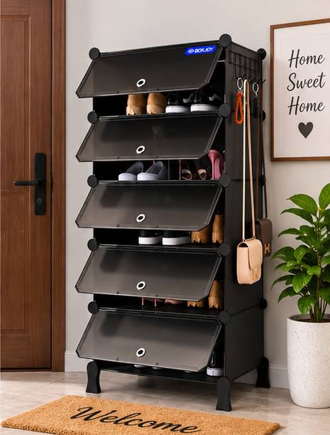 LixaH 5 Tier Shoe Organizer Rack with Flip Open Doors, Foldable Design and Hooks Plastic Shoe Rack