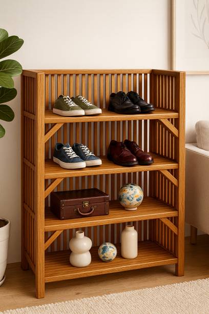 AKCANE Shoe Stand, Display Rack for Décor, Bags & Essentials | Natural Brown Finish Bamboo, Engineered Wood, Cane, Solid Wood Shoe Rack