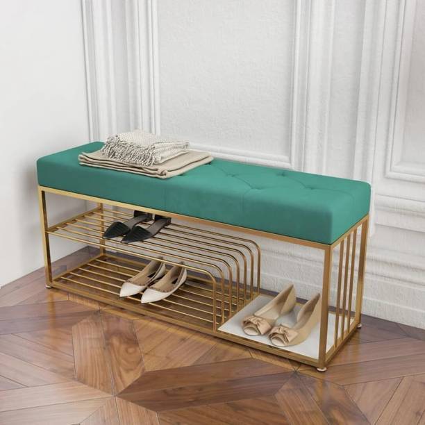 FurniRich Velvet Padded Shoe Bench with Golden Metal Frame - Entryway Storage Organizer Metal Shoe Stand