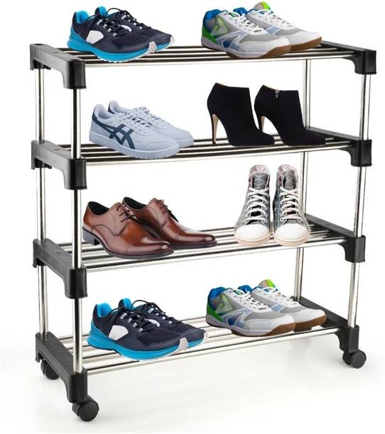 Spotbia Multi-Purpose Standing Home Organizer Stackable Steel Shoe(4 Tier,BLACK) Metal Collapsible Shoe Stand (4 Shelves, Pre-assembled) Metal, Plastic Shoe Stand