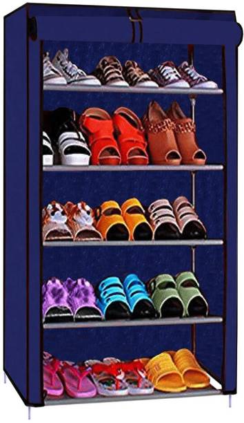 girja 5-Tiers Multipurpose Heavy Metal Folding Shoe Rack with Wardrobe Cover {Blue} Plastic, Metal Shoe Stand