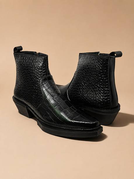 Crocodile Texture|Side Zip|TPR Sole|Pure Leather Lining|Western Boots Boots For Men