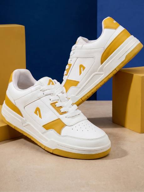 BOLDFIT Mens Soft Cushion Insole Lace Up Casual Boys Sneakers for Men Sneaker DripWave Sneakers For Men White, Yellow , 9