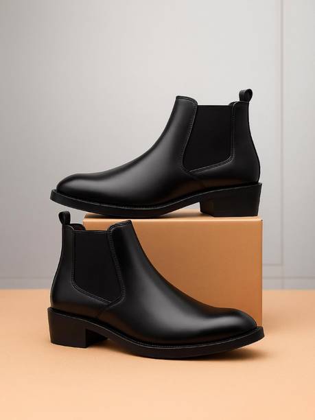 Men's 5.08 Cm Heel Height Stylish Black Casual Formal Party Wear Chelsea Boots Party Wear For Men