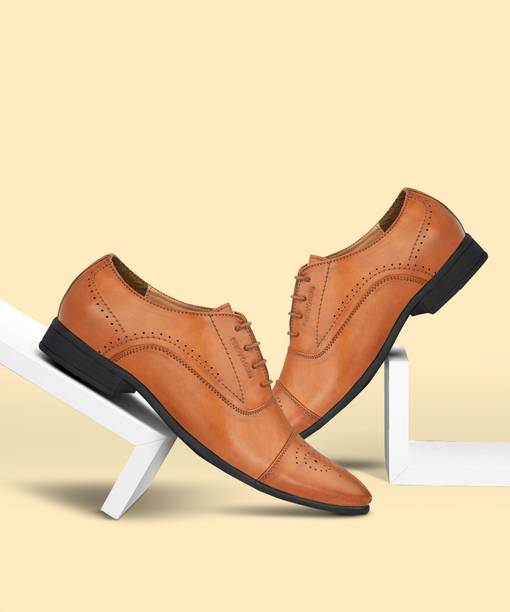 Men's Tan Faux Leather Designer Formal Shoes Lace Up For Men