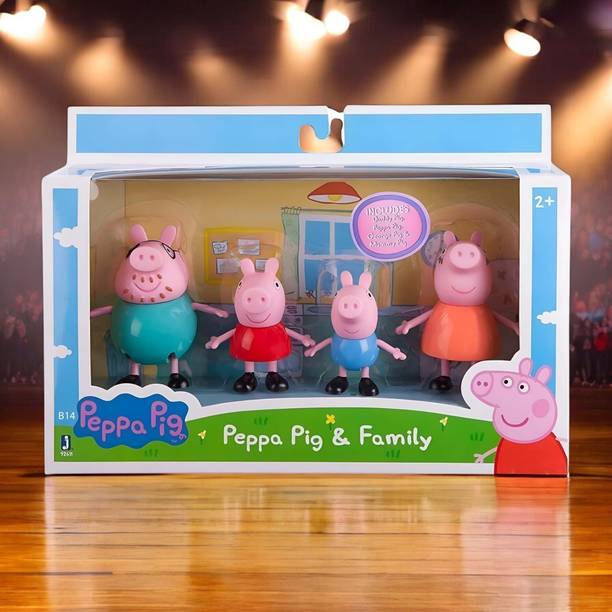 ABHITRADEMATE Pig Family Toy Set of 4 with Pig House Set Animated Pretend Play Toys for Kids