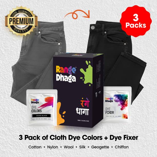 rangedhaga Fabric Dye for Cloths, Shade Jeans Black, Pack of 3 Single Color Pouches & Fixer