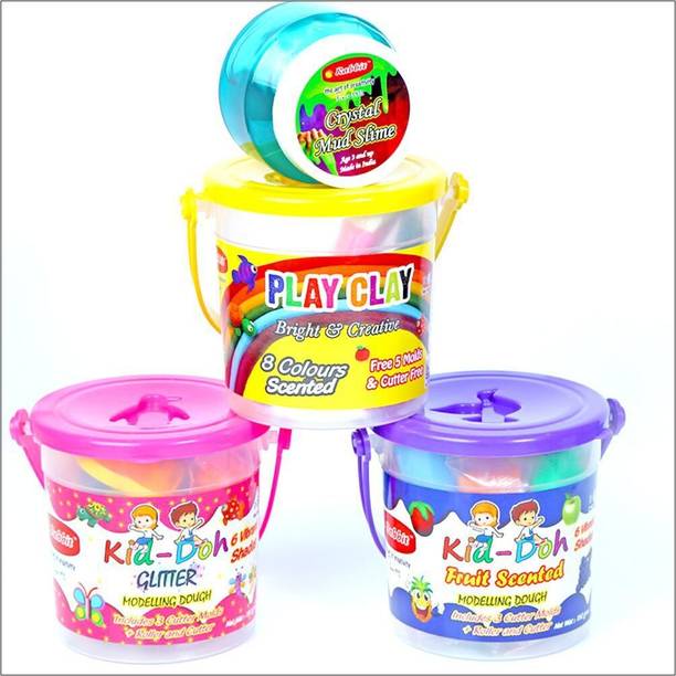 Rabbit Play Clay Bucket 8 COLOR+ KID DOH Fruit-Scented BUCKET+ Glitter doh bucket + Crystal slime 100g|Child Safe Non-toxic & Non-Sticky|Play kit for Kids|Play Doh Clay set with moulds|Play Doh Clay|S