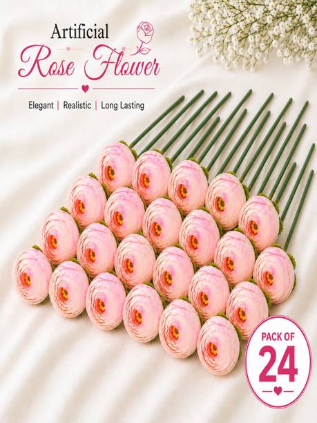 rotation Artificial Light Pink Rose Flower with Stem Pack of 24 (Without Vase) Multicolor Rose Artificial Flower