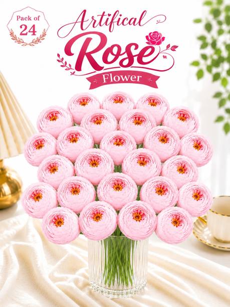 rotation Artificial Pink Rose Flower with Stem Pack of 24 (Without Vase) Pink Rose Artificial Flower