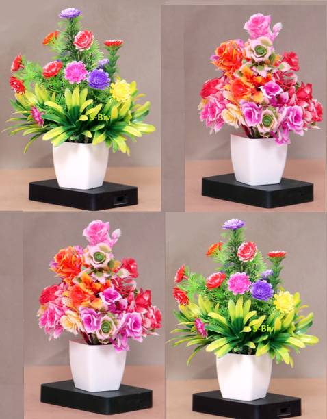 S-Biv Pack of 4 Pcs Artificial Flowers With Vase Multicolor Rose, Cherry Artificial Flower  with Pot