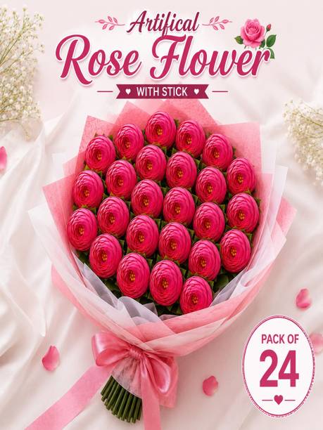 rotation Artificial Dark Pink Rose Flower with Stem Pack of 24 (Without Vase) Red Rose Artificial Flower