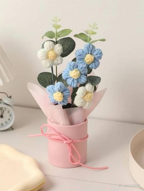 waan 1 Pcs Artificial Daisy Crochet Flower Bouquet with Pot | Home Decor,Table,Gift Blue Daisy Artificial Flower  with Pot