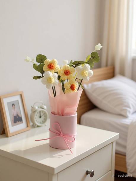 waan 1 Pcs Artificial Daisy Crochet Flower Bouquet with Pot | Home Decor,Table,Gift Yellow Daisy Artificial Flower  with Pot