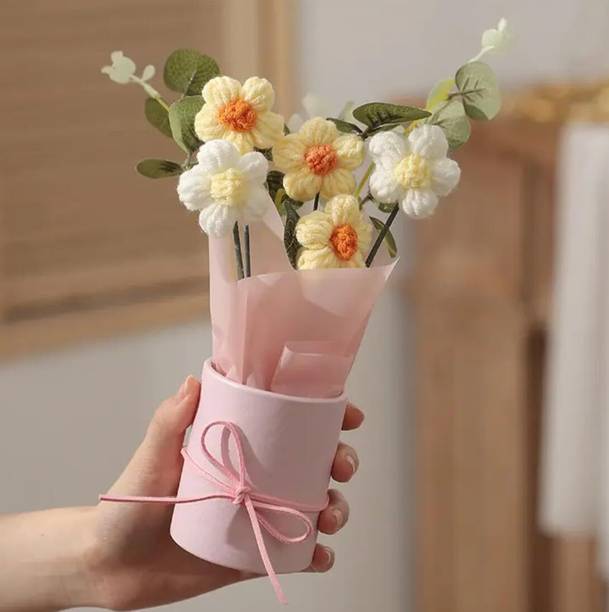 waan 1 Pcs Artificial Daisy Crochet Flower Bouquet with Pot | Home Decor,Table,Gift Yellow Daisy Artificial Flower  with Pot