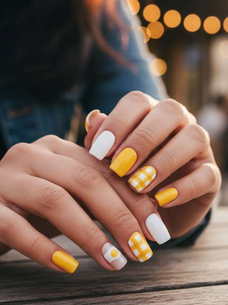 Lick - Press on Nails Artificial NailsSet Glossy Yellow & White Sunshine Yellow With Pearl White And Checkered Prints