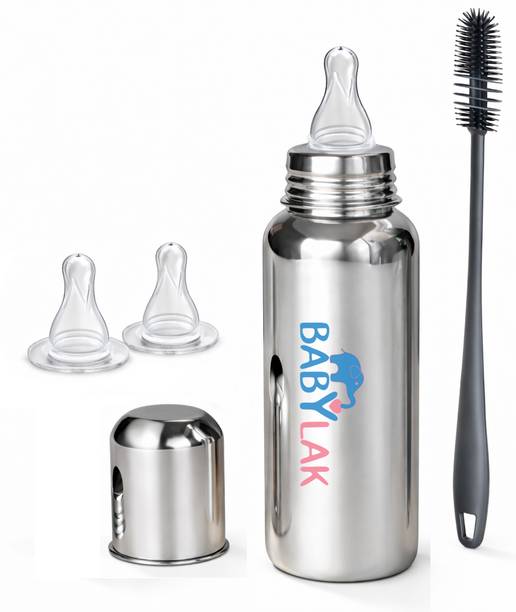 babylak Steel Baby Feeding Bottle with Cleaning Brush & 2 Extra Silicone Nipples - 250 ml