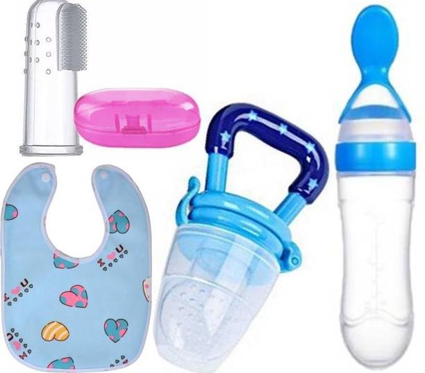 Saraswati kart Baby fruit nibbler, finger brush, bibs & spoon feeder for feeding silicone combo