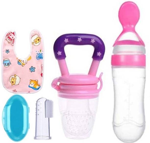 Saraswati kart Baby fruit nibbler, finger brush, bibs & spoon feeder for feeding silicone combo