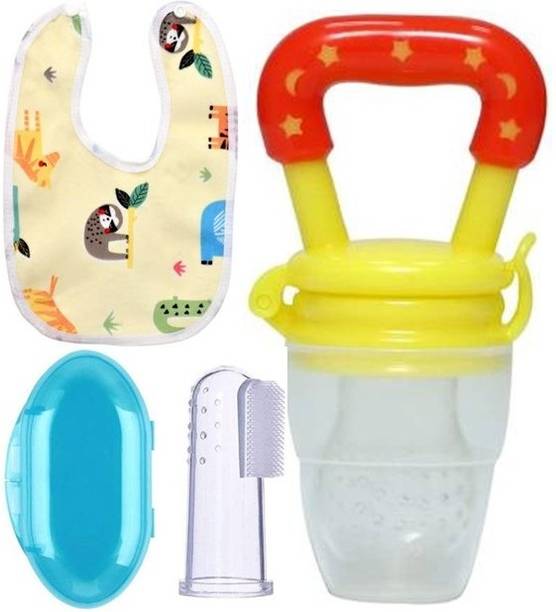Saraswati kart Baby fruit nibbler, finger brush & bib for feeding Silicone Combo (Pack 3)