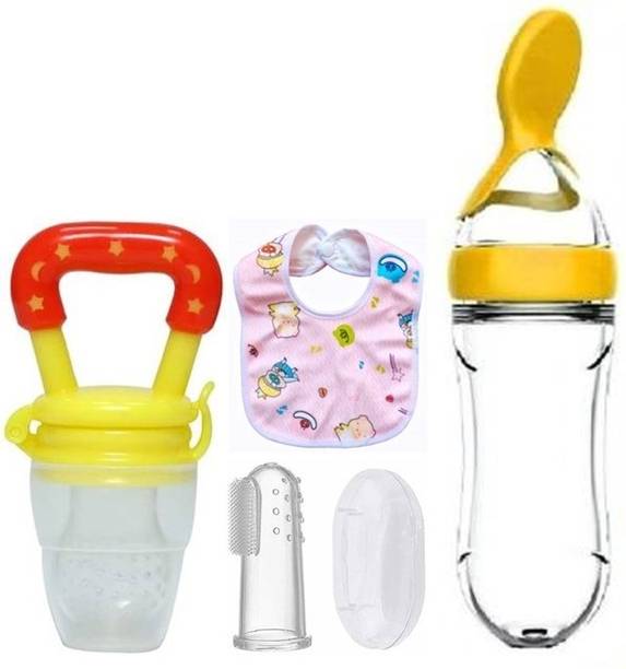 Saraswati kart Baby fruit nibbler, finger brush, bibs & spoon feeder for feeding silicone combo
