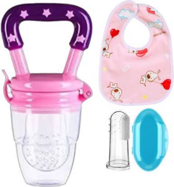 Saraswati kart Baby fruit nibbler, finger brush & bib for feeding Silicone Combo (Pack 3)