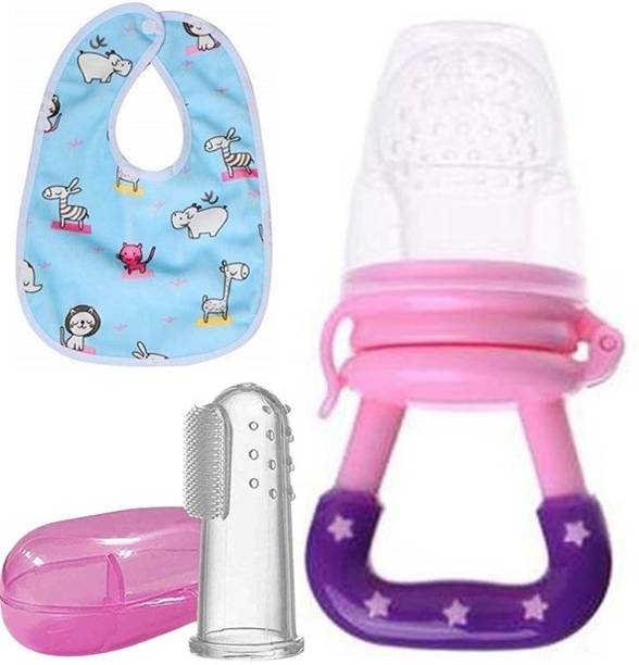 Saraswati kart Baby fruit nibbler, finger brush & bib for feeding Silicone Combo (Pack 3)