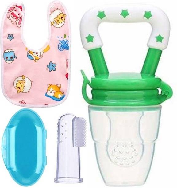 Saraswati kart Baby fruit nibbler, finger brush & bib for feeding Silicone Combo (Pack 3)