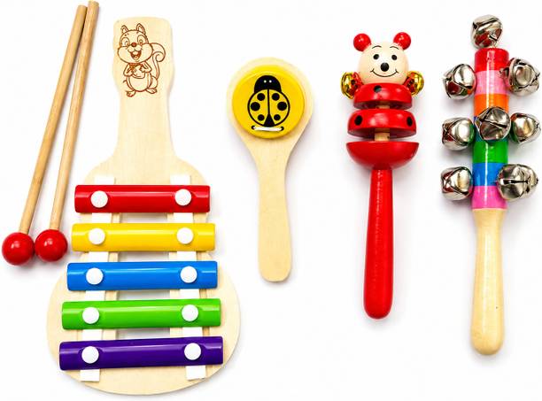Woodlebee Wooden Musical Instrument Toy Set for Kids – 4 Piece Rattle
