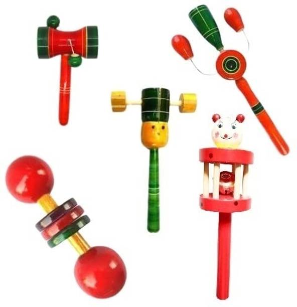 Little Mind Wooden Rattles Toys for Baby/New-Born Infant Kids - Set of 5 pcs - Multicolor Rattle