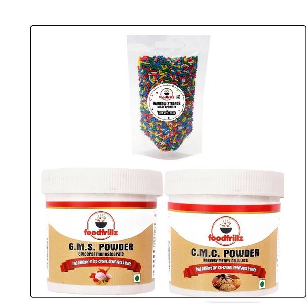 foodfrillz CMC Powder(40 g), GMS Powder(40g) & Rainbow Sprinkles (50 g) for ice cream Glycerol Monostearate (GMS) Powder